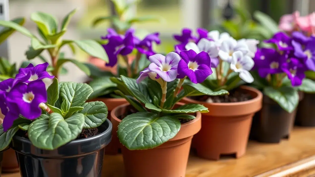 Different types of pots suitable for African violets, showcasing various sizes, materials (plastic, clay), and drainage options.