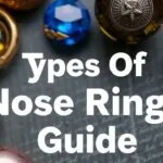 Different types of nose rings, including hoops, studs, and other styles, shown in various materials and sizes.
