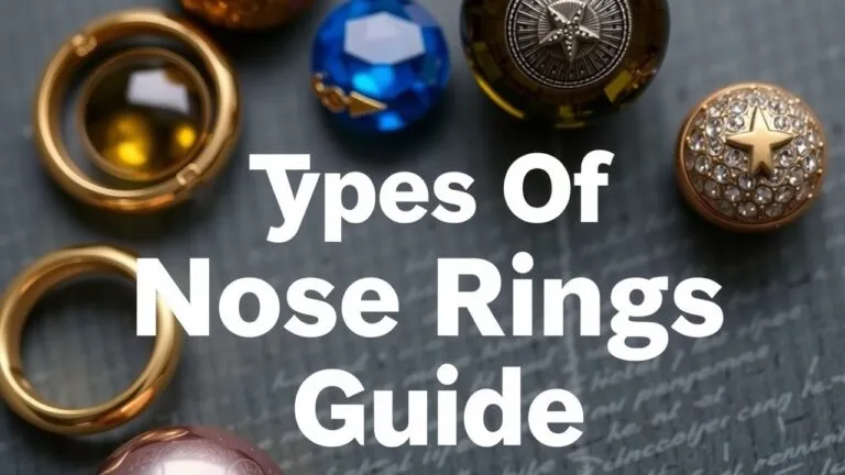 Different types of nose rings, including hoops, studs, and other styles, shown in various materials and sizes.