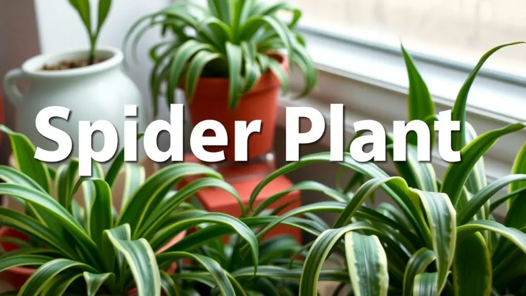 A variety of spider plants, including green, variegated, and curly leaf varieties, displayed in different pots and settings.