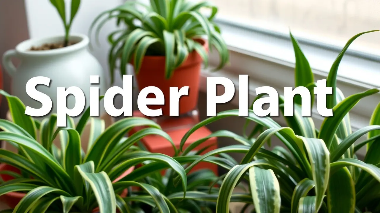 A variety of spider plants, including green, variegated, and curly leaf varieties, displayed in different pots and settings.