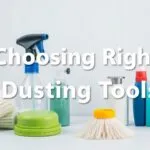 A variety of dusting tools including microfiber cloths, feather dusters, lambswool dusters, static dusters, and an extension duster, arranged neatly for effective cleaning.