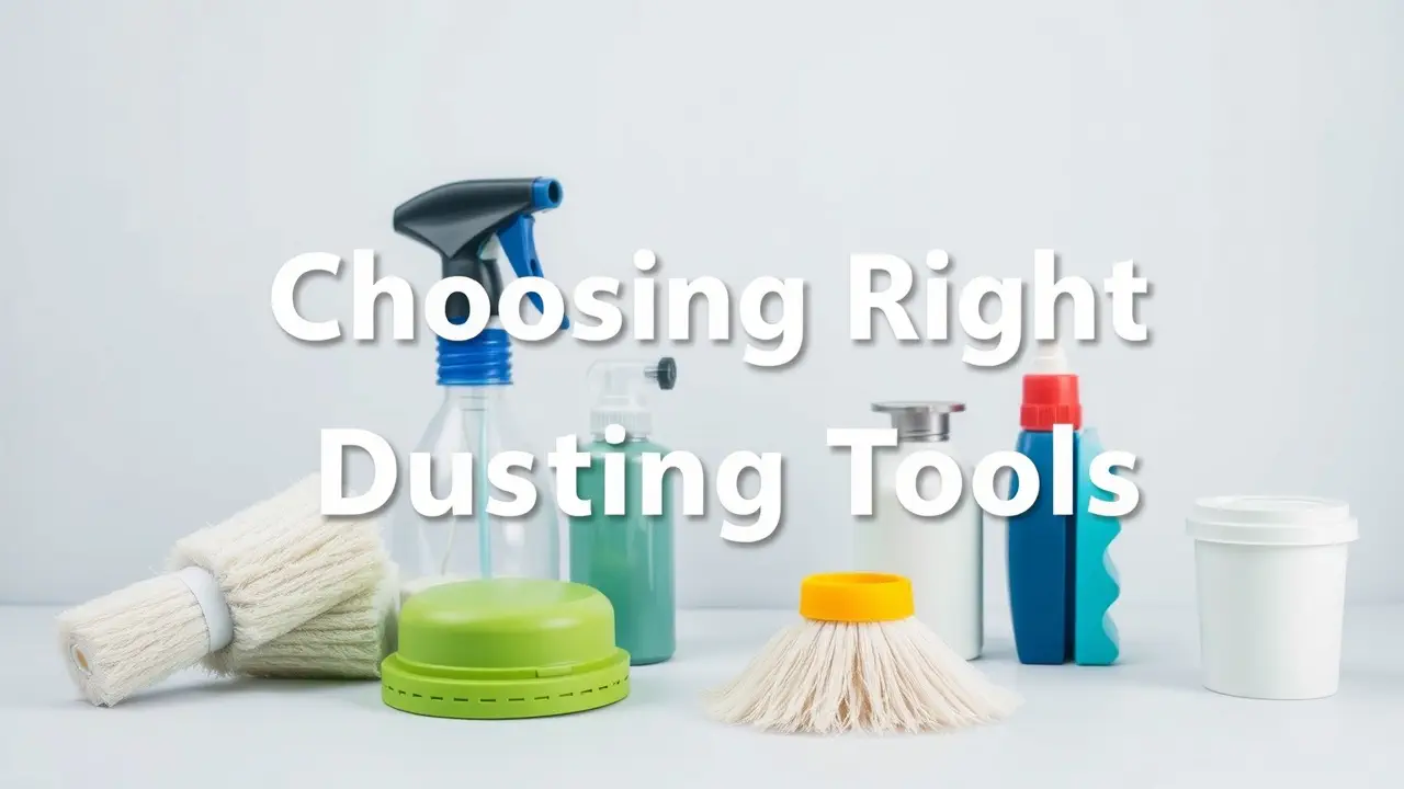 A variety of dusting tools including microfiber cloths, feather dusters, lambswool dusters, static dusters, and an extension duster, arranged neatly for effective cleaning.