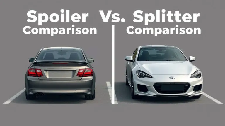 Lip spoiler vs splitter comparison chart showing aerodynamic differences, visual differences, suitable vehicle types, and performance benefits.