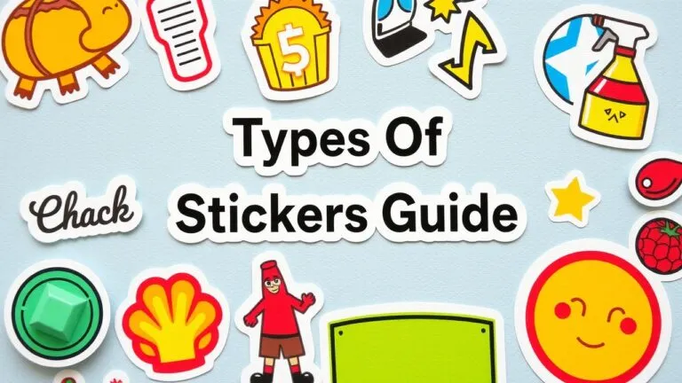 Infographic showing various types of stickers, their materials (vinyl, paper), printing methods, and uses.