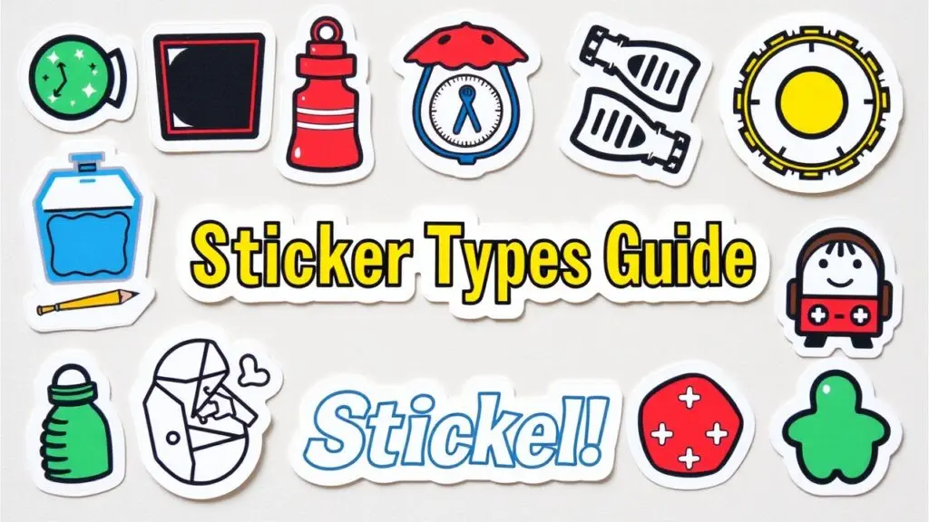 Infographic showing different types of stickers, their materials, applications, printing methods, and tips for application and removal.
