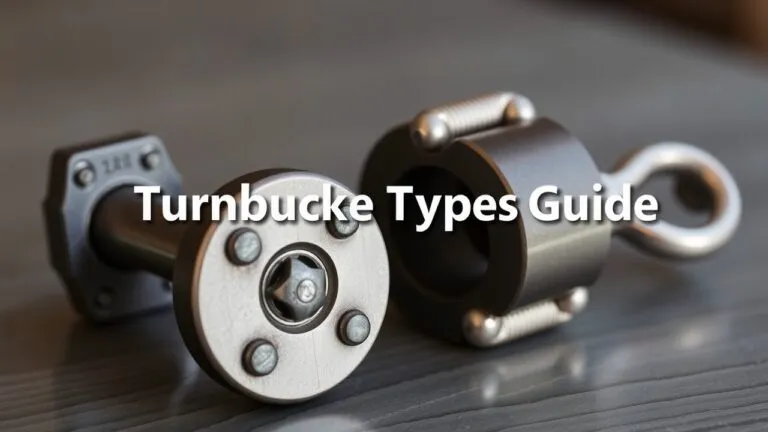 Diagram showing different types of turnbuckles, including right-hand, left-hand, high-strength, and military-grade, with labels highlighting key features and specifications.