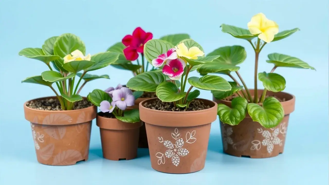 Types of pots for African violets, showing various sizes and materials for optimal plant health and drainage.