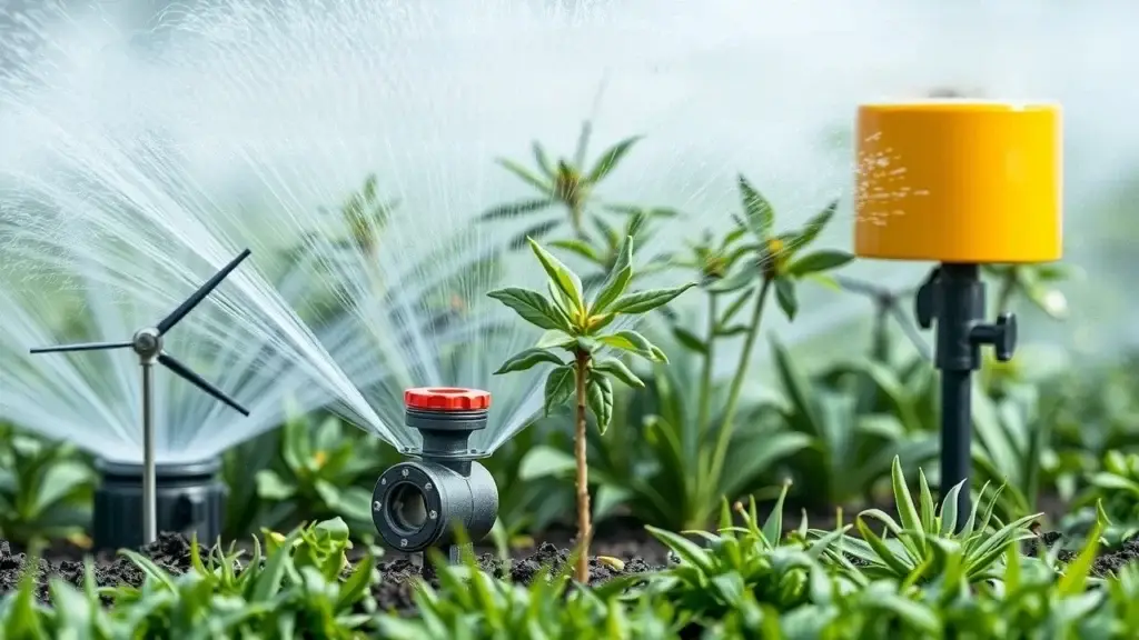 Diagram showing different types of sprinkler fertigation systems used in large-scale agriculture, including center pivot, traveling gun, and lateral move sprinklers.