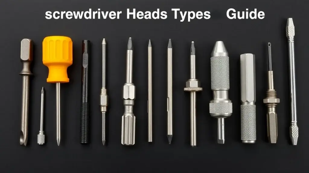 Guide to common screwdriver head types - flathead, Phillips, Torx, hex, and Robertson, showing their shapes and uses.