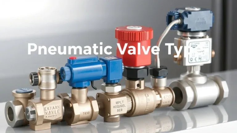 Diagram showing different types of pneumatic valves, including solenoid, pilot-operated, poppet, diaphragm, and spool valves.