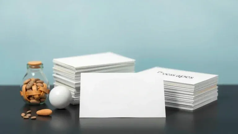 Close up of various specialty business cards showcasing metallic, plastic, kraft, hemp, and bamboo paper textures and colors.