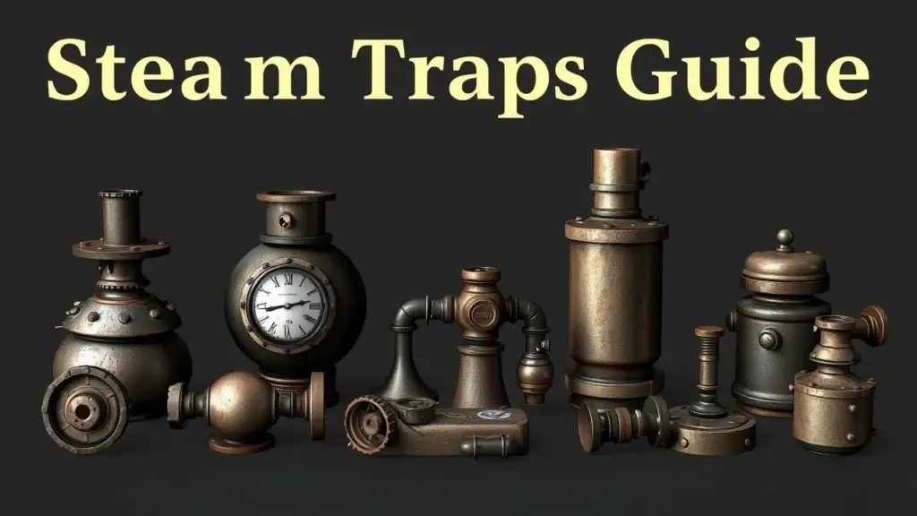 Infographic showing different types of steam traps, including thermostatic and balanced pressure traps, highlighting their selection and maintenance for optimal steam system performance.