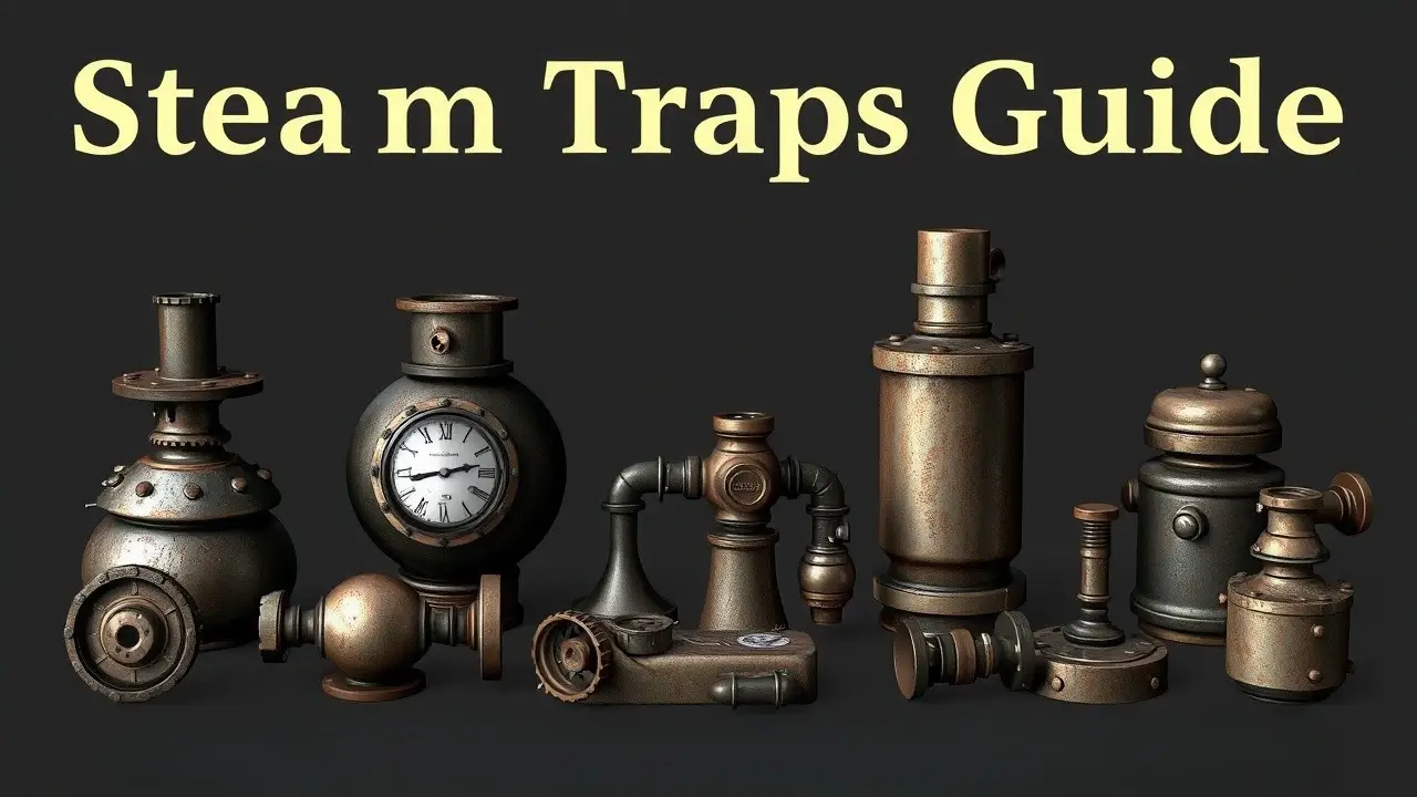 Infographic showing different types of steam traps, including thermostatic and balanced pressure traps, highlighting their selection and maintenance for optimal steam system performance.