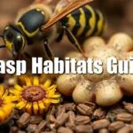 Infographic showing different habitats of solitary and social wasps, including nests, burrows, and cavities.