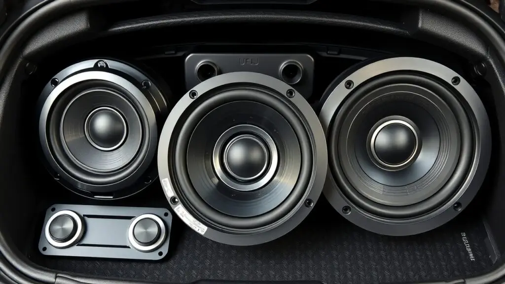 High quality car component speaker system with woofer, tweeter, and midrange speakers.