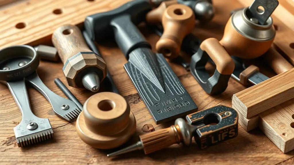 Close up of finish carpenter's hands using various tools such as a miter saw, nail gun, level, chisel, and sandpaper on a piece of wood.