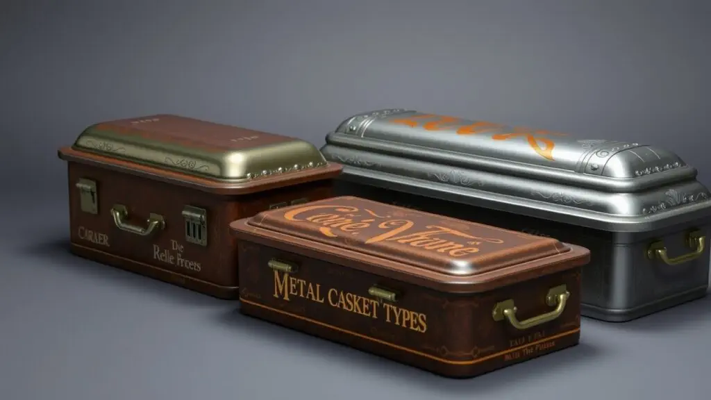 Comparison chart of metal casket types, showing steel, stainless steel, bronze, and copper options with details on gauge, durability, and cost.