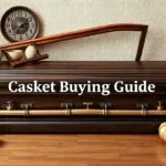 Infographic comparing different casket types, materials, sizes, and costs. Includes information on burial vs. cremation caskets, environmental impact, and casket vaults.
