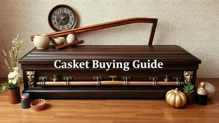Infographic comparing different casket types, materials, sizes, and costs. Includes information on burial vs. cremation caskets, environmental impact, and casket vaults.