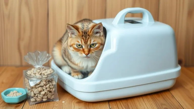 Different types of cat litter, including clumping clay, non-clumping clay, crystal litter, wood pellets, and paper-based litter, are shown in a comparison chart.