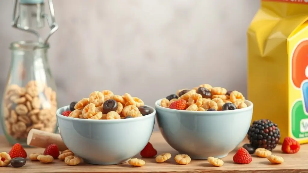 Colorful infographic showing how to choose healthy cereal, highlighting factors like dietary needs, nutrition labels, and different cereal types for various ages and lifestyles.