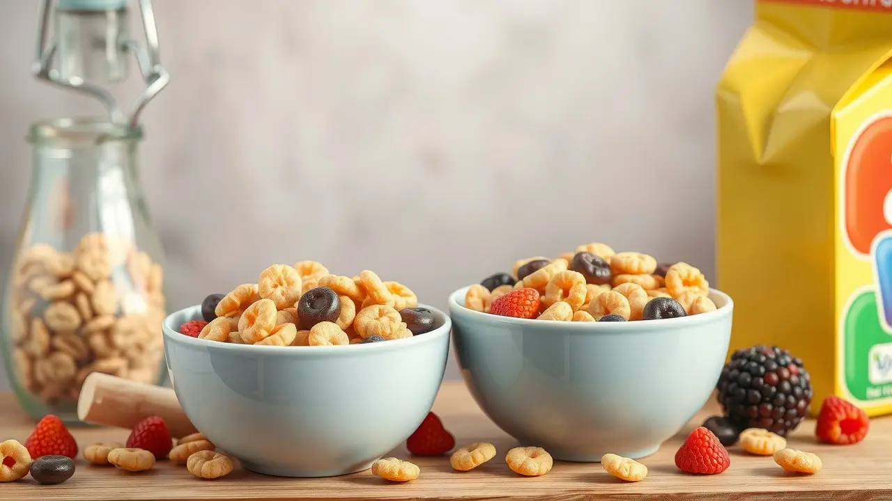 Colorful infographic showing how to choose healthy cereal, highlighting factors like dietary needs, nutrition labels, and different cereal types for various ages and lifestyles.