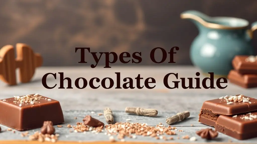 Guide to milk, dark, and white chocolate types, showing different chocolate bars and textures.