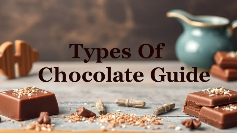 Guide to milk, dark, and white chocolate types, showing different chocolate bars and textures.