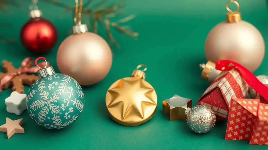 A variety of Christmas ornaments including glass balls, handcrafted ornaments, and unique figurines, showcasing different shapes, sizes, and materials.