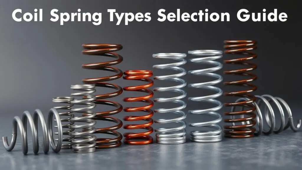 Different types of coil springs including compression springs, extension springs, and torsion springs, illustrated with diagrams and labels for easy identification and selection.