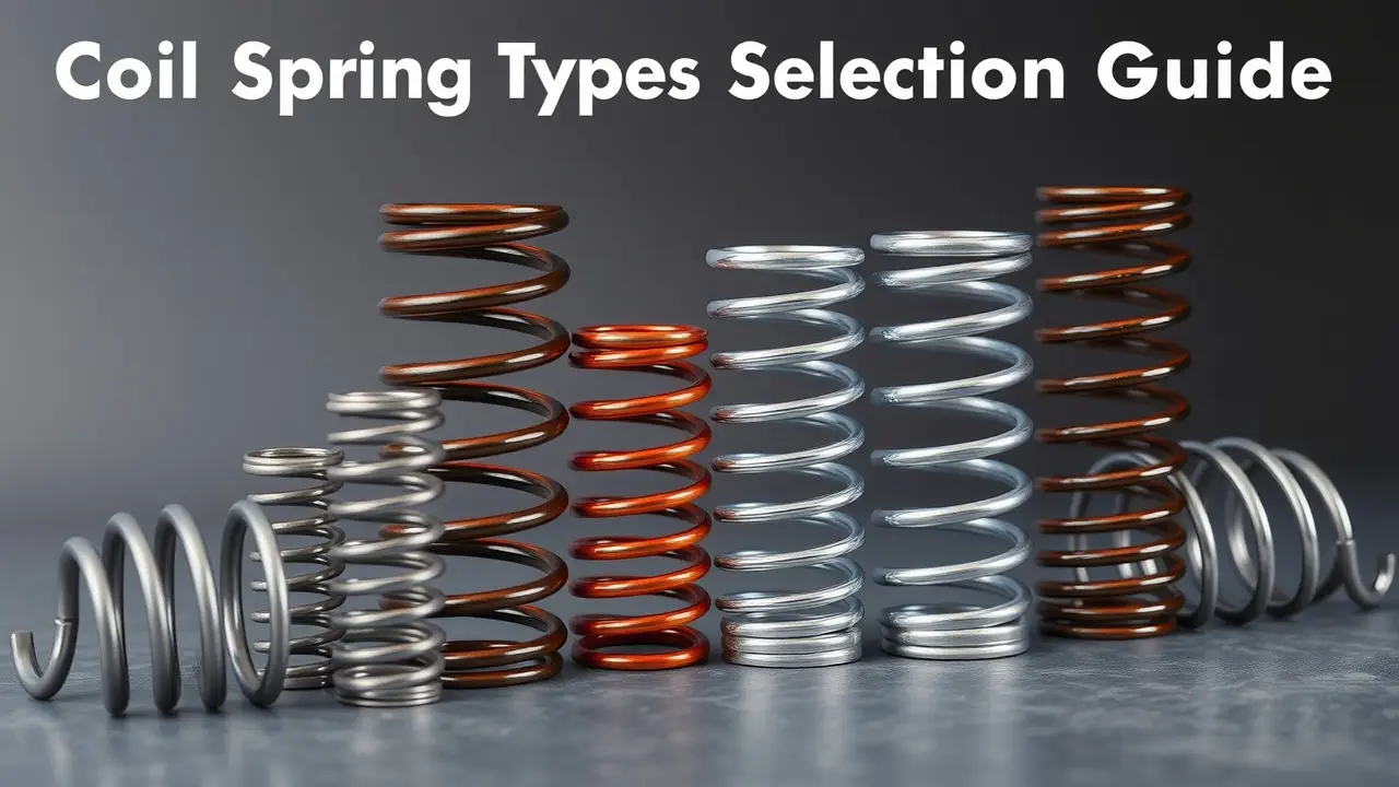Different types of coil springs including compression springs, extension springs, and torsion springs, illustrated with diagrams and labels for easy identification and selection.