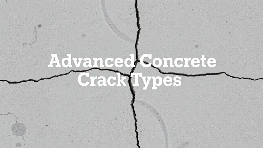Infographic showing types of concrete cracks, causes, and appearances, including plastic settlement, expansion, heaving, overloading, crazing, crusting, chemical reaction, spalling, stress corrosion, and disintegration cracks.
