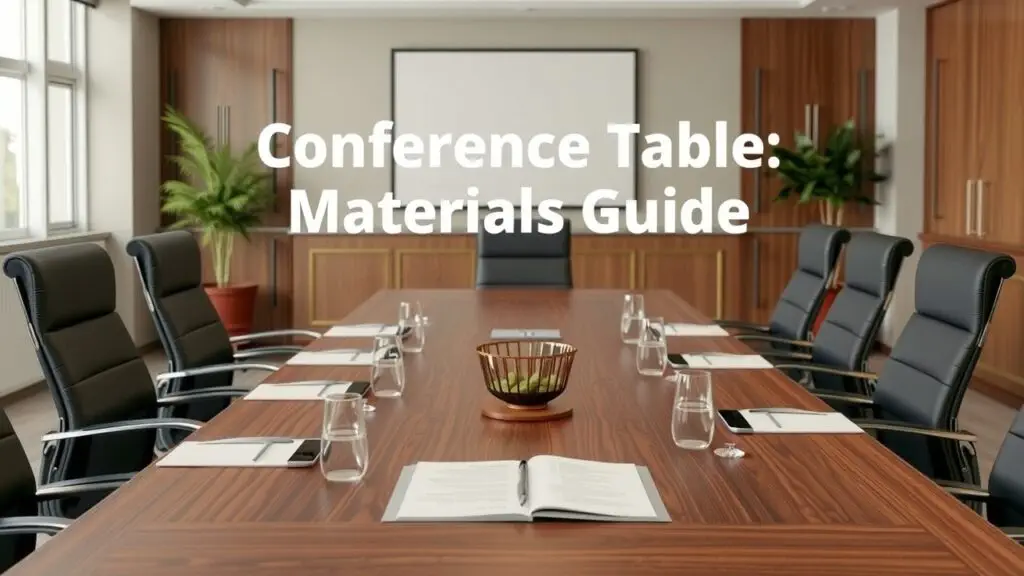 Comparison of conference table materials: wood, laminate, metal, glass, stone, and mixed materials, highlighting pros, cons, and cost considerations for each.