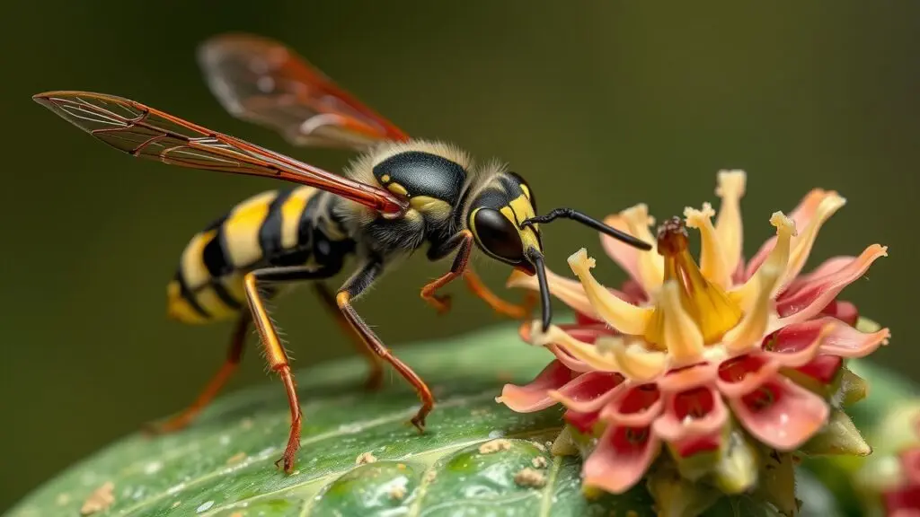 Close up of a solitary wasp capturing its prey.