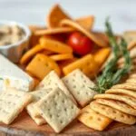 Assorted flavored crackers arranged on a cheese board with various cheeses, enhancing the visual appeal and taste experience.