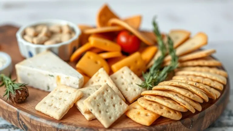 Assorted flavored crackers arranged on a cheese board with various cheeses, enhancing the visual appeal and taste experience.