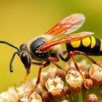 Close up of various solitary wasps, including mud daubers and digger wasps, showcasing their diverse colors and sizes.