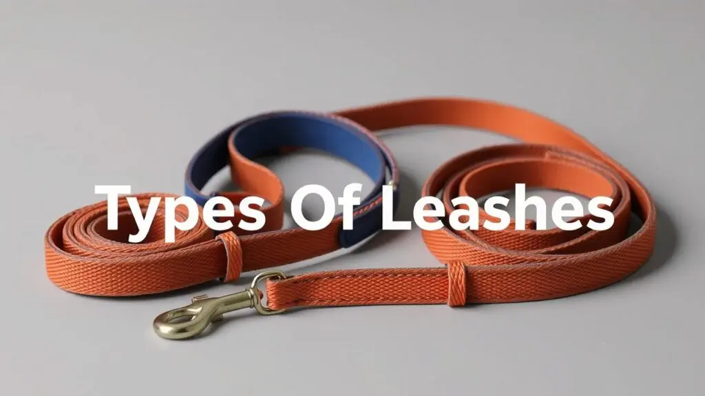 Different types of dog leashes, including retractable, adjustable, nylon, leather, and chain leashes, shown on dogs of various sizes.