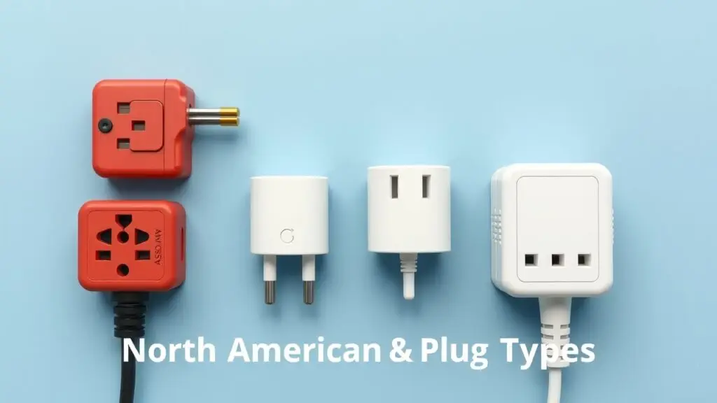World map showing different types of electrical plugs and sockets, including type A, B, C, D, E, F, G, H, I, J, K, L, M, N with voltage and amperage information.