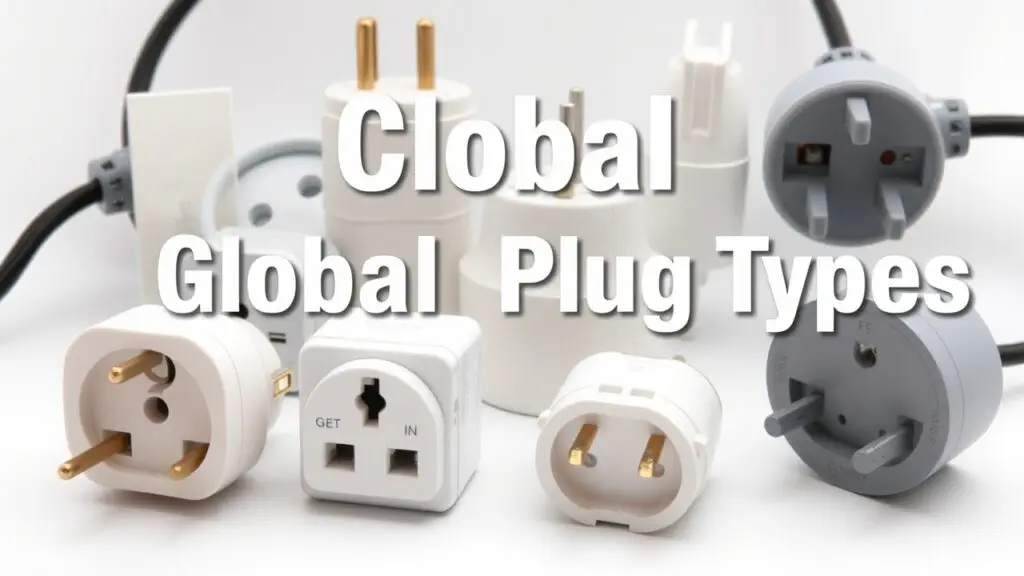 Worldwide electrical plug types and voltage standards: A visual guide showing different plug types used in North America, Europe, UK, Australia, Asia and South America, including Type A, B, C, E, F, G, I and N.
