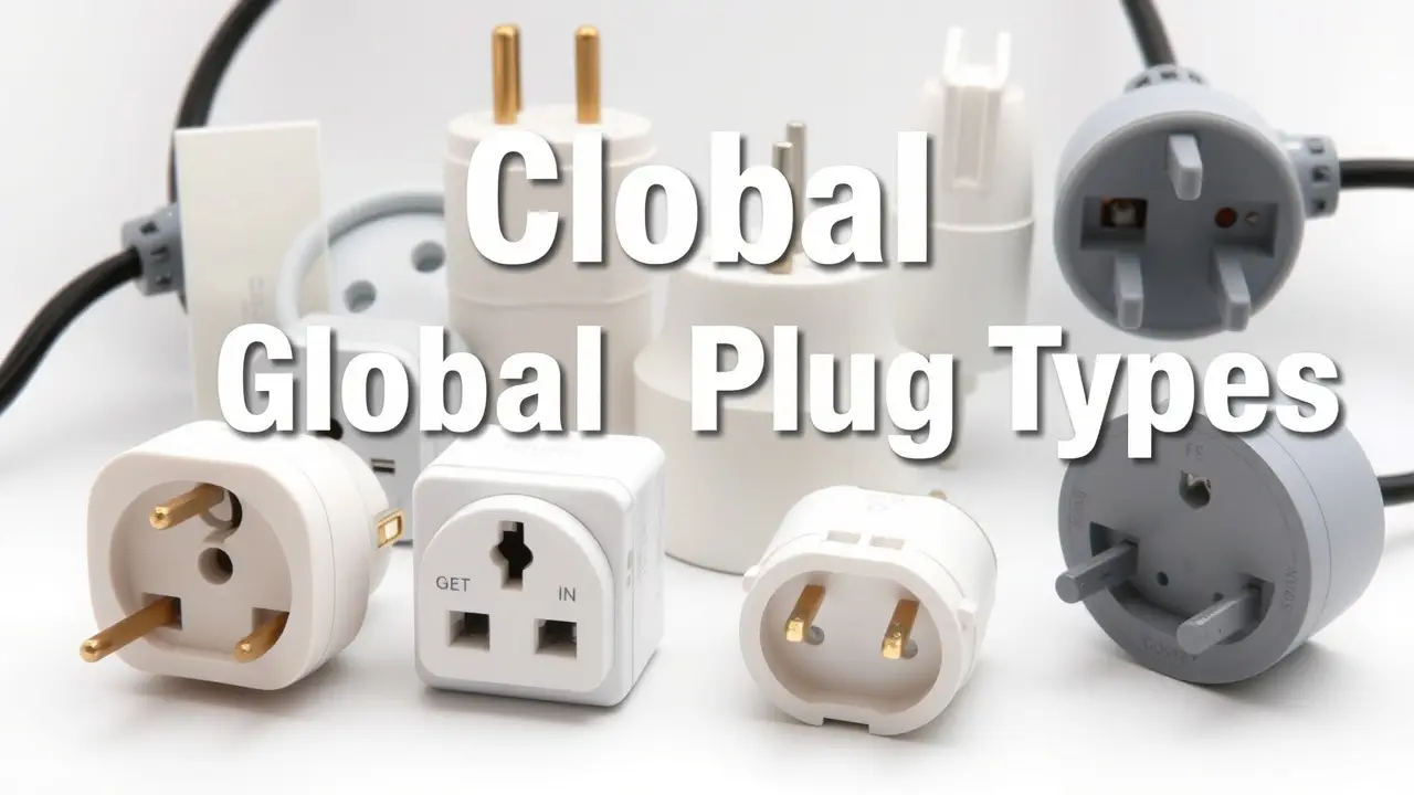 Worldwide electrical plug types and voltage standards: A visual guide showing different plug types used in North America, Europe, UK, Australia, Asia and South America, including Type A, B, C, E, F, G, I and N.