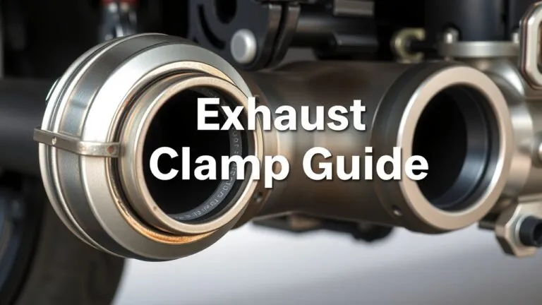 Diagram showing various types of exhaust clamps, including V-band and U-bolt clamps, alongside examples of their application on an exhaust system.