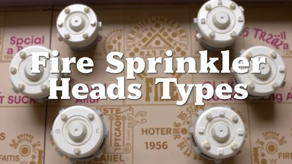 Different types of fire sprinkler heads including glass bulb, fusible link, pendant, upright, sidewall, and ESFR sprinklers for residential, commercial, and industrial applications.