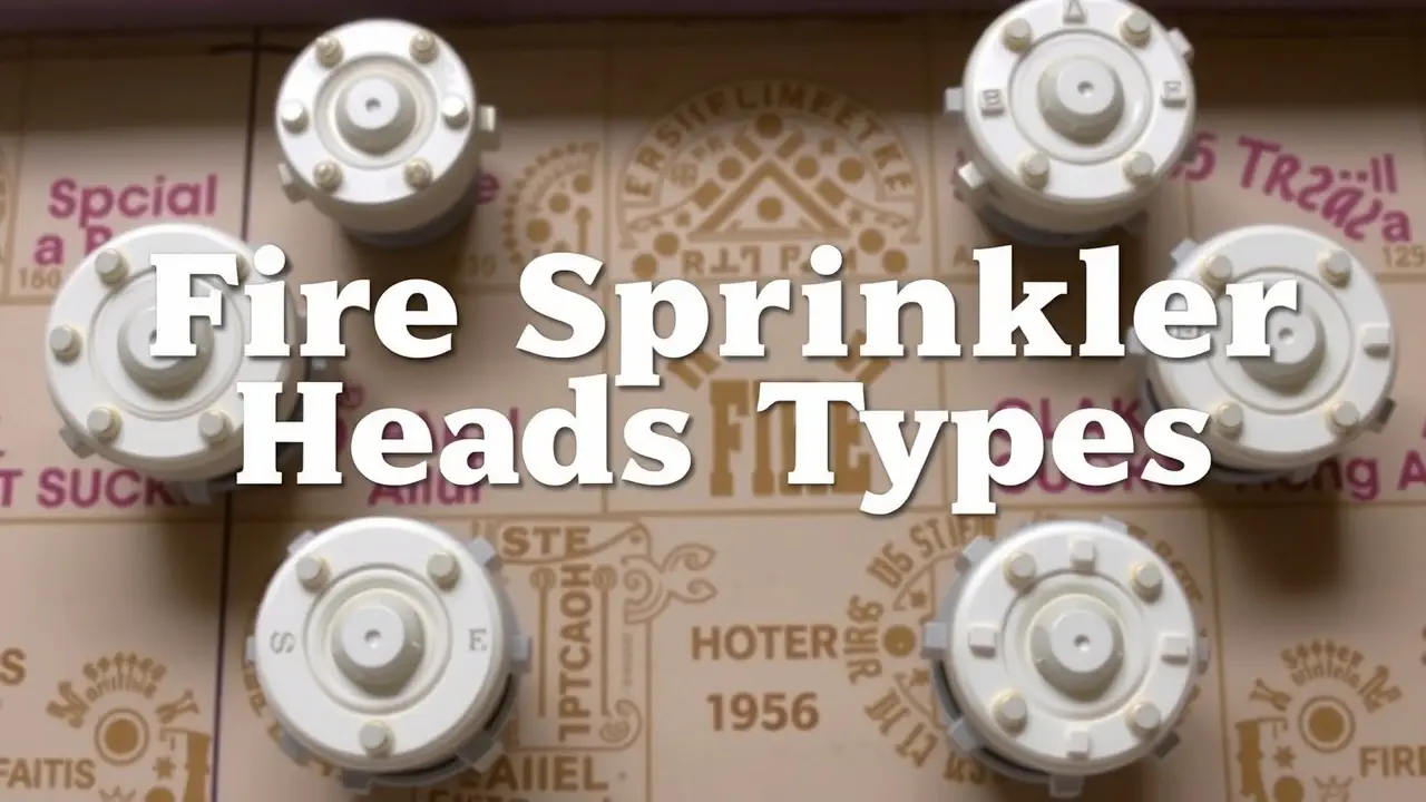 Different types of fire sprinkler heads including glass bulb, fusible link, pendant, upright, sidewall, and ESFR sprinklers for residential, commercial, and industrial applications.