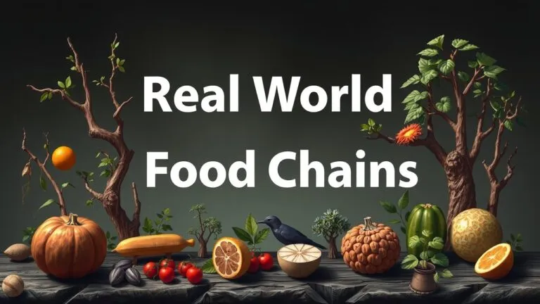 Diagram showing food chains in forest, grassland, desert, marine, and freshwater biomes, illustrating producer, consumer, and apex predator relationships.