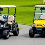 Gas-powered golf cart on a golf course, showcasing its power and performance on various terrains.