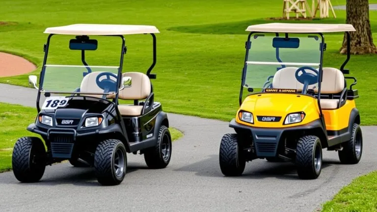 Gas-powered golf cart on a golf course, showcasing its power and performance on various terrains.