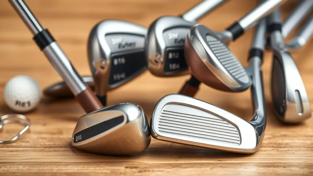 Different types of golf irons - blades, cavity backs, and more, displayed for comparison.