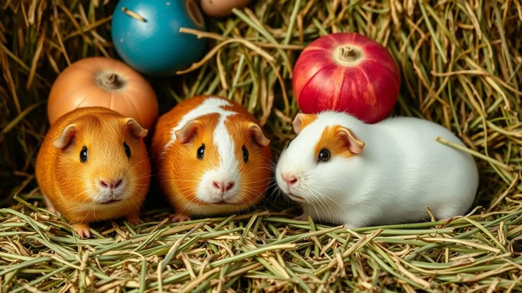 Close-up of different types of hay for guinea pigs, including timothy hay and alfalfa hay.